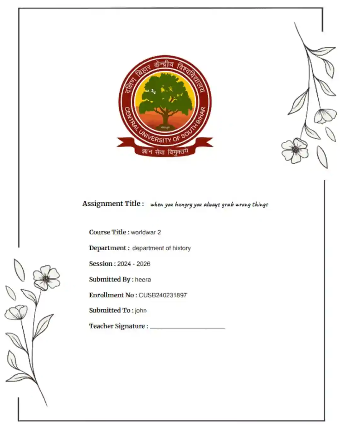 cover page template for all CUSB student for project and assignment